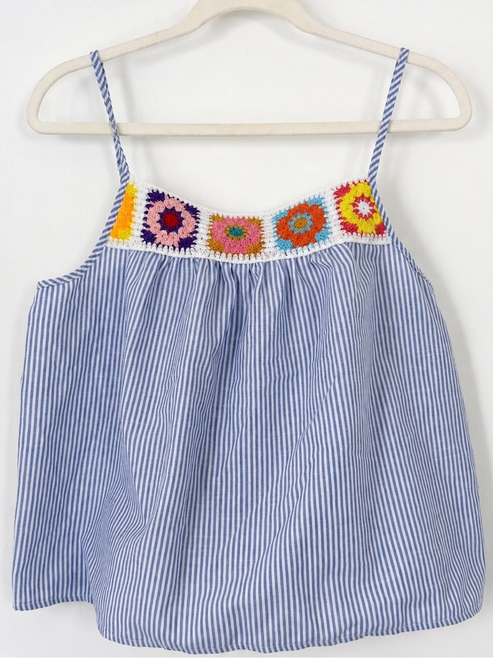Blue Striped Crochet Granny Square Boho Cami Tank Top Size Large
